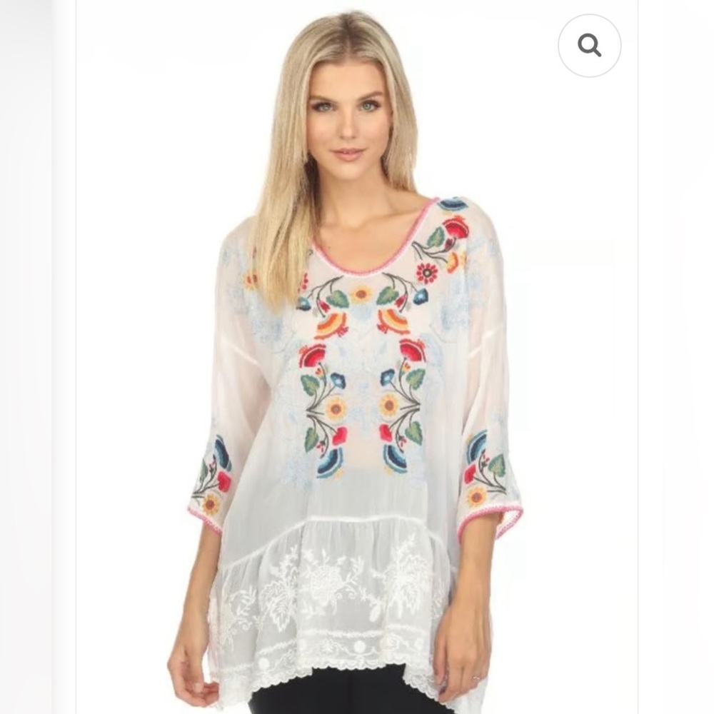 Johnny Was Sheer white Tunic with Pink and Blue Embroidery L. XL. XXL
